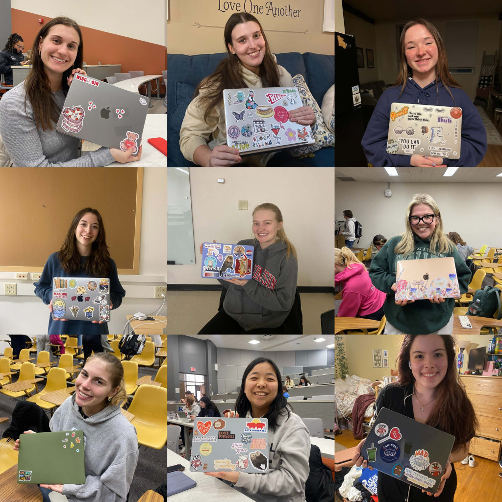 A composite photo of nine women, all holding up their laptops.