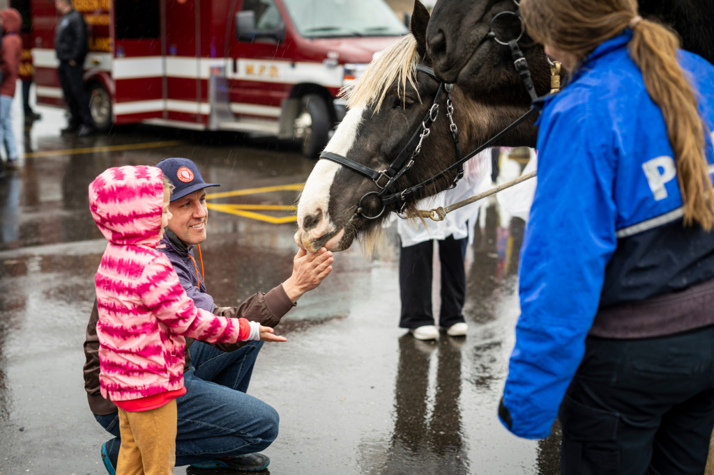 A woman helps a child pet a horse.