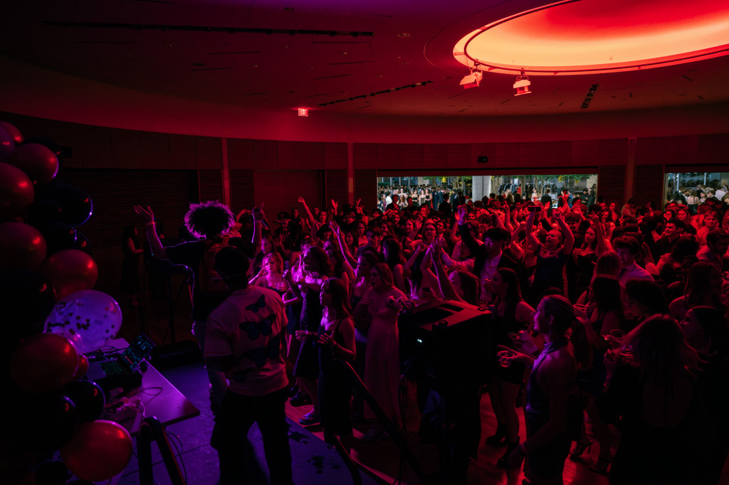 A deejay performs in front of a crowd.