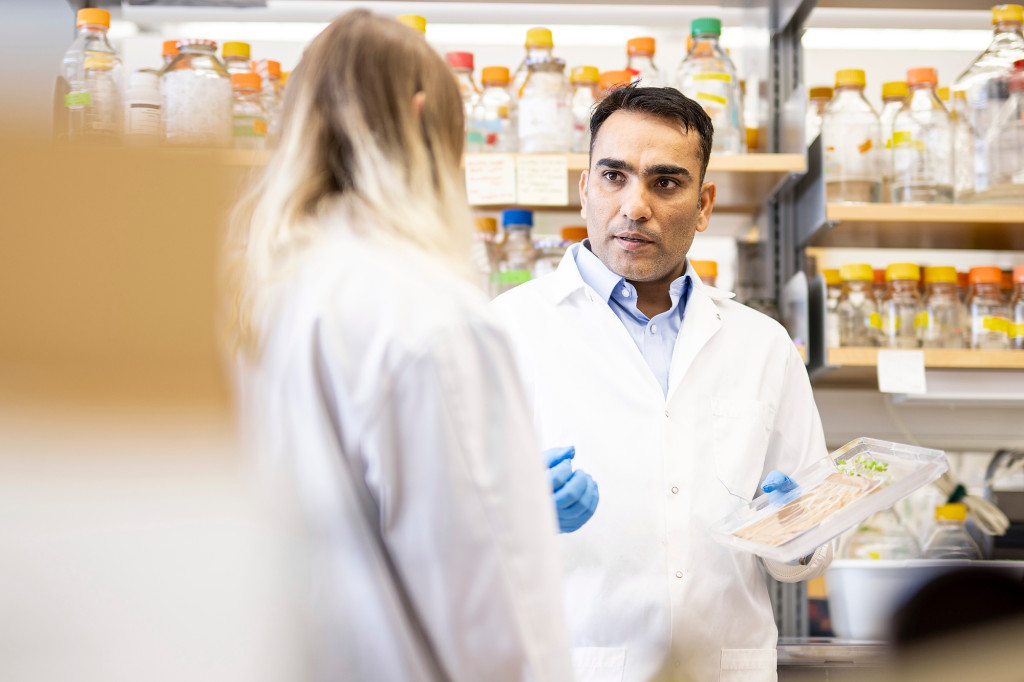 Two people in white lab coats talk.