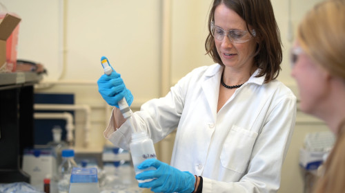 A woman works with test tubes in a lab. She wears a white lab coat.