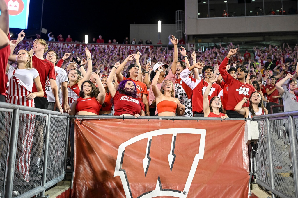 Fans cheer in the stands at a stadium.