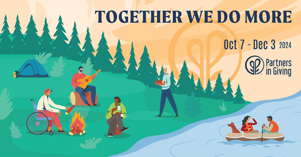 A graphic reads "Together we do more" and pictures a group of people at a campsite in the woods.