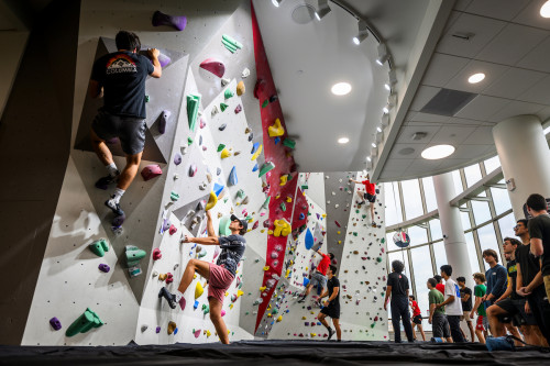 A number of people climb a climbing wall.