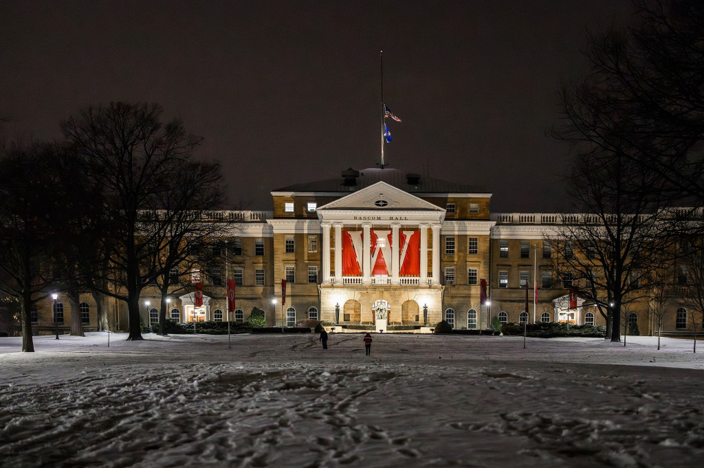 A photo of Bascom Hall on a snowy winter night.