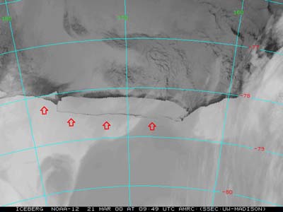 Satellite image showing the massive iceberg breaking away from the Ross Ice Shelf